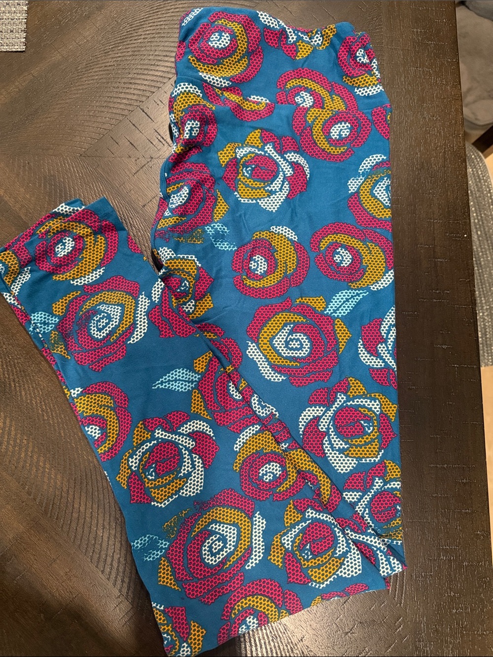 LuLaRoe Teal Floral Leggings with Pink, Yellow & White Roses